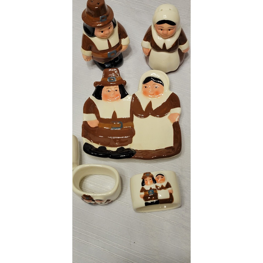 Y2K Vintage Thanksgiving Publix Pilgrim Salt Pepper Spoon Rest Napkin Rings - Picture 7 of 8